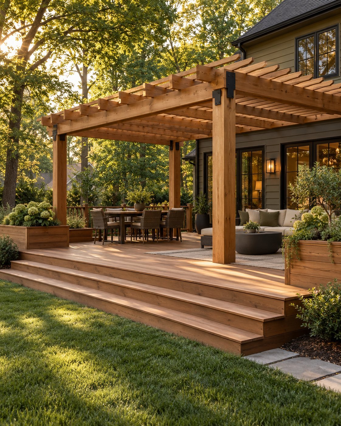 Modern wooden deck and pergola attached to a house with dining area, comfortable seating, and surrounding trees and greenery