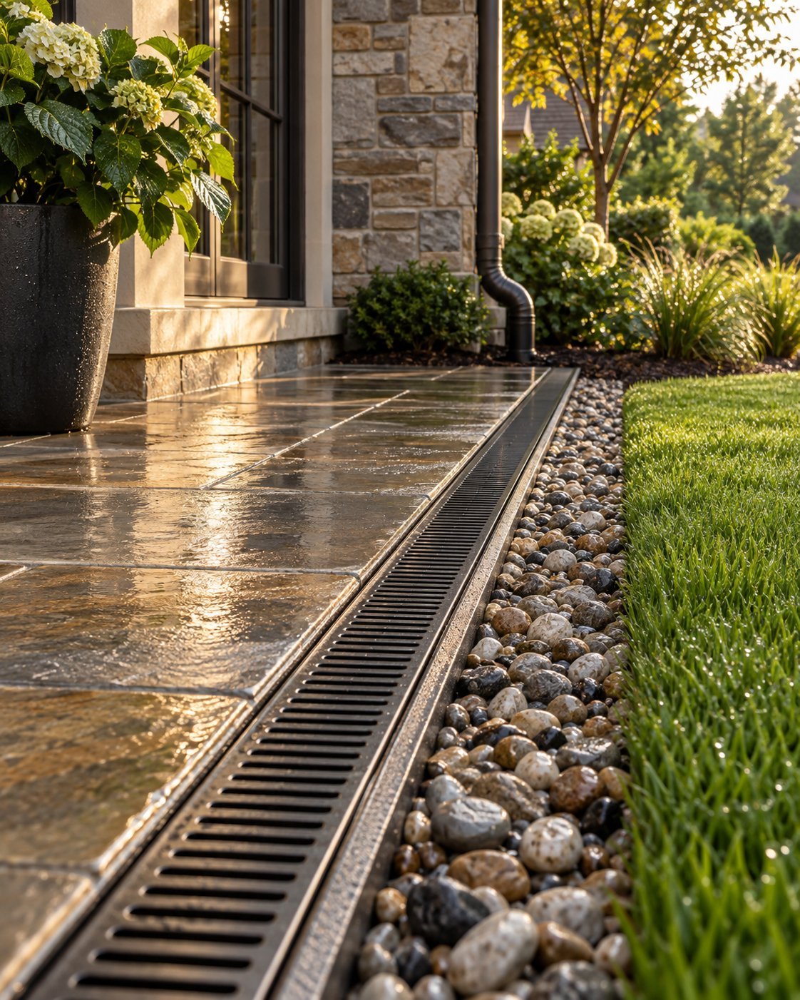Modern patio with wet stone flooring, metal drainage channel, decorative river rocks, potted plants, and manicured lawn bordering a contemporary house
