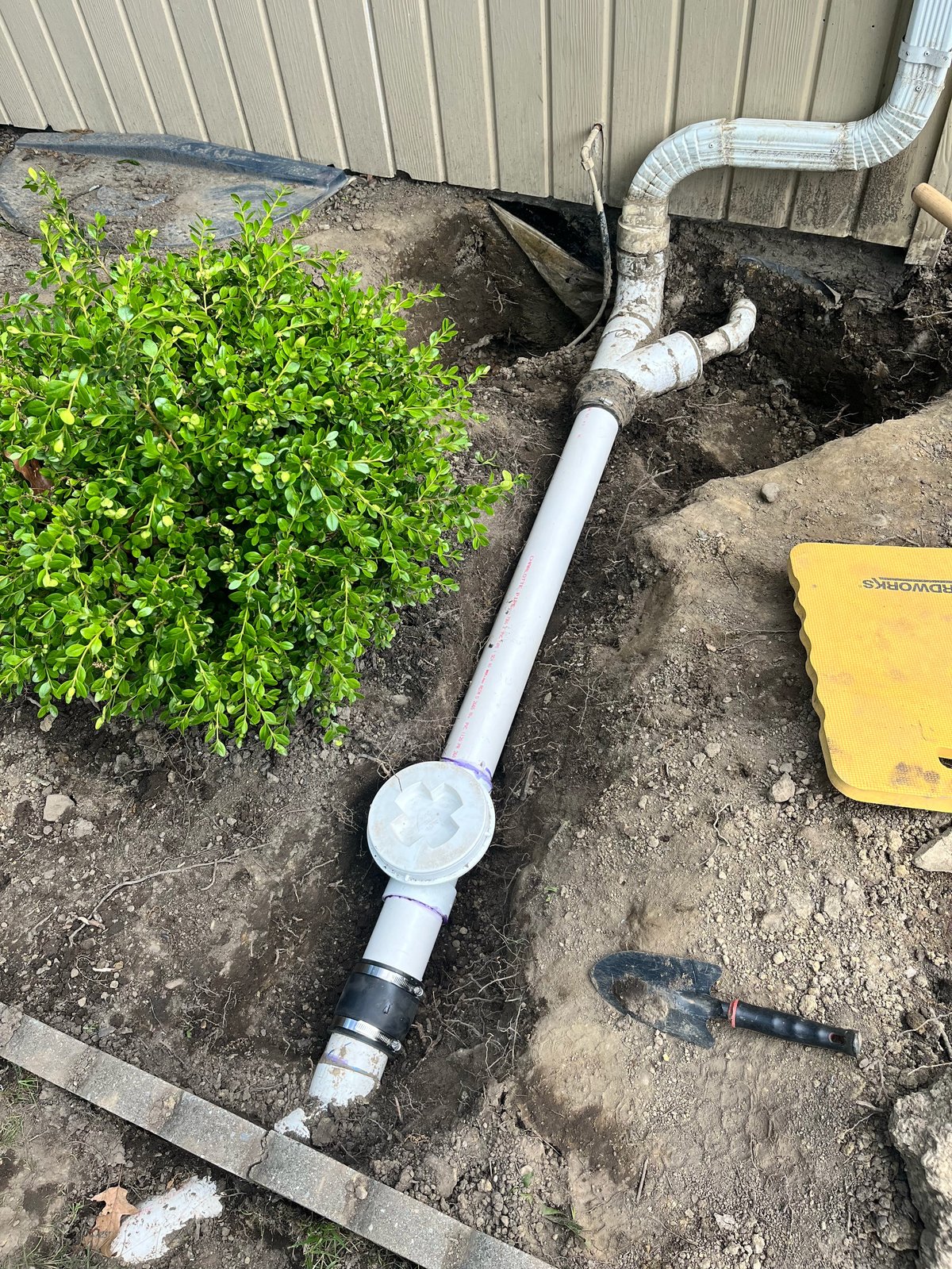 PVC drainage pipe assembly with clean-out access and valve connections on ground next to green shrub
