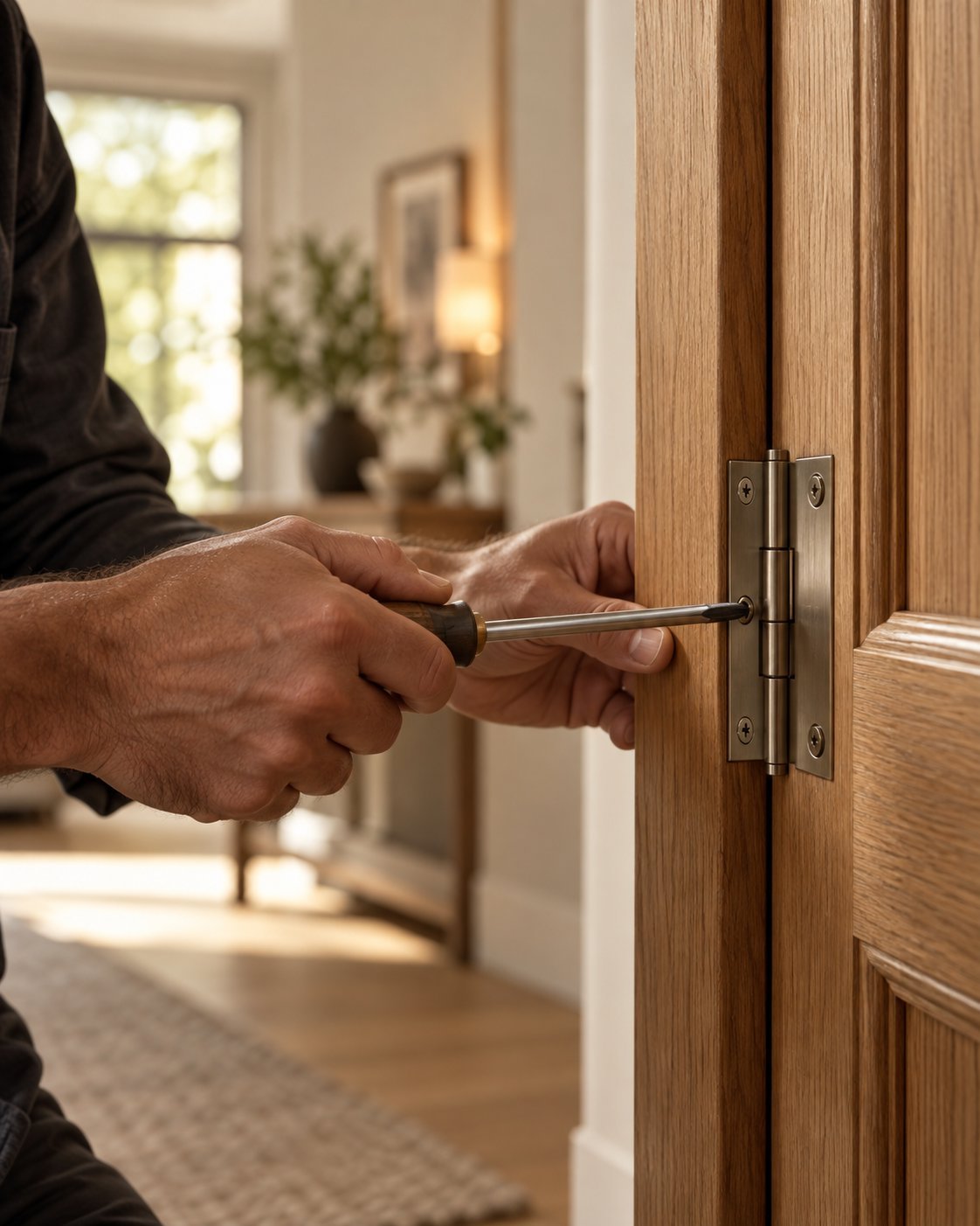 Person inserting key into wooden door lock inside modern home interior